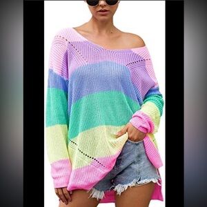 V-Neck Off The Shoulder Sweater Pastel Color Block  Oversized Knit Pullover L